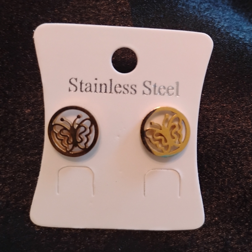 Gold Butterfly Stud Earrings Stainless Steel Dainty Minimalist Hypoallergenic
